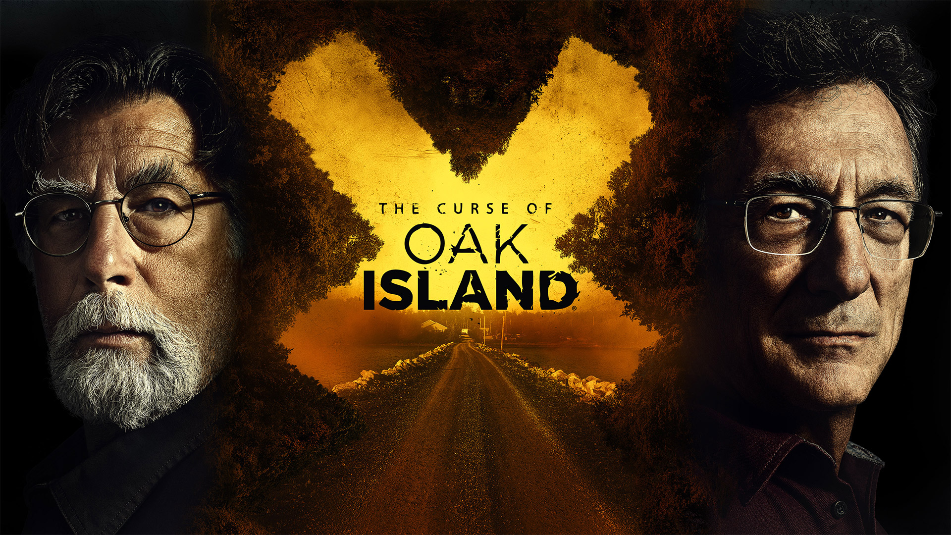 Rick and Marty Lagina flank a tree-lined road in an amber-toned landscape. Text reads “The Curse of Oak Island.”