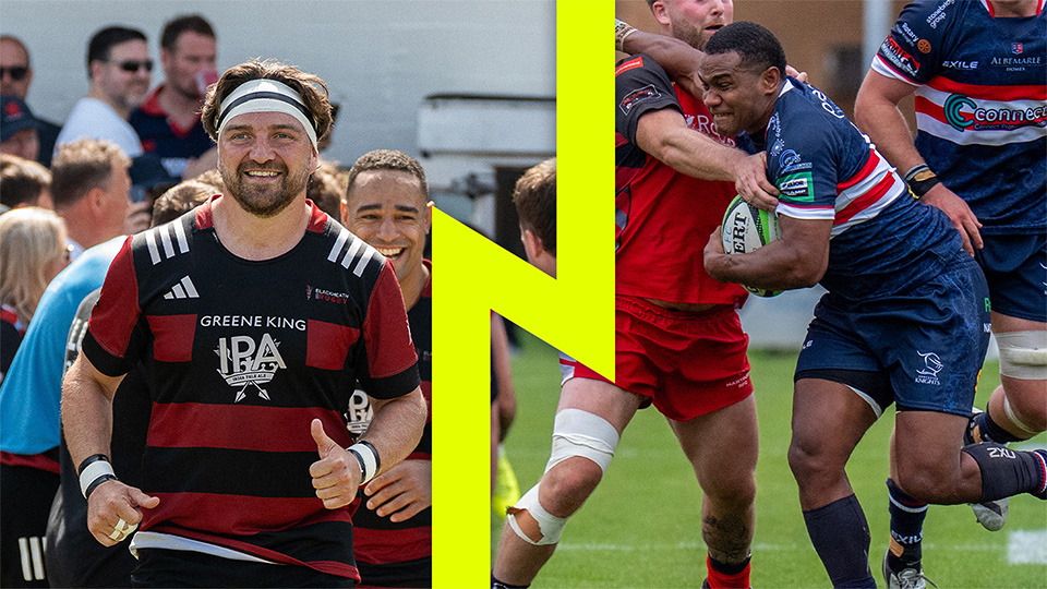Players from Blackheath and Doncaster Knights separated by a lightning bolt