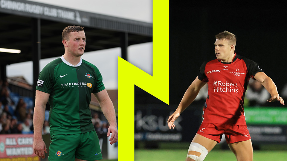 Players from Ealing Trailfinders and Hartpury separated by a lightning bolt