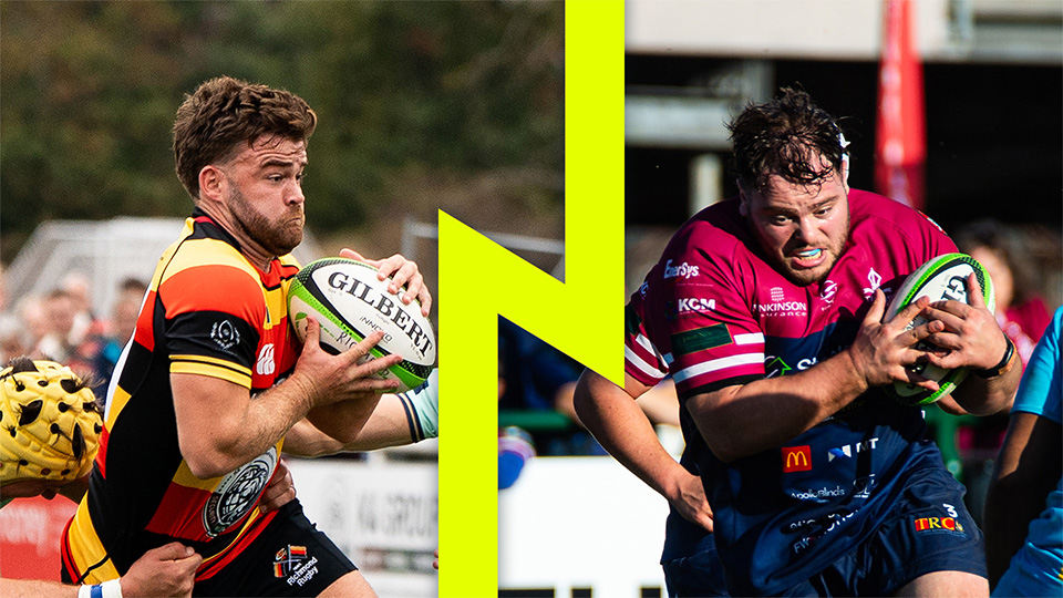 Players from Richmond and Rotherham separated by a lightning bolt
