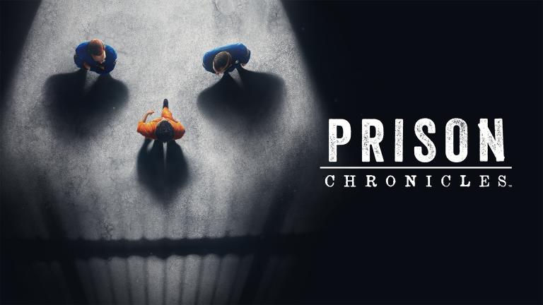 A dark promotional graphic for “PRISON CHRONICLES” Shadowy architectural forms create a skull-like face, with small human silhouettes positioned within its features. The black, white, and charcoal palette gives it an ominous, dramatic tone.