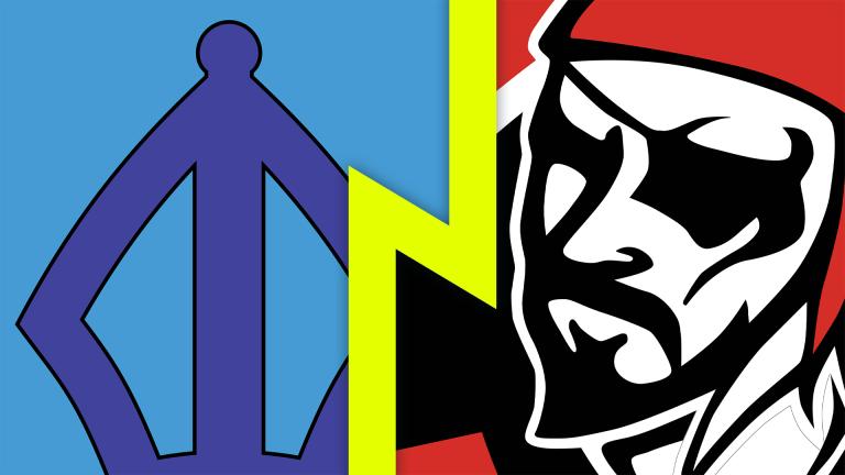 Logos for Rotherham Titans and Cornish Pirates separated by a lightning bolt
