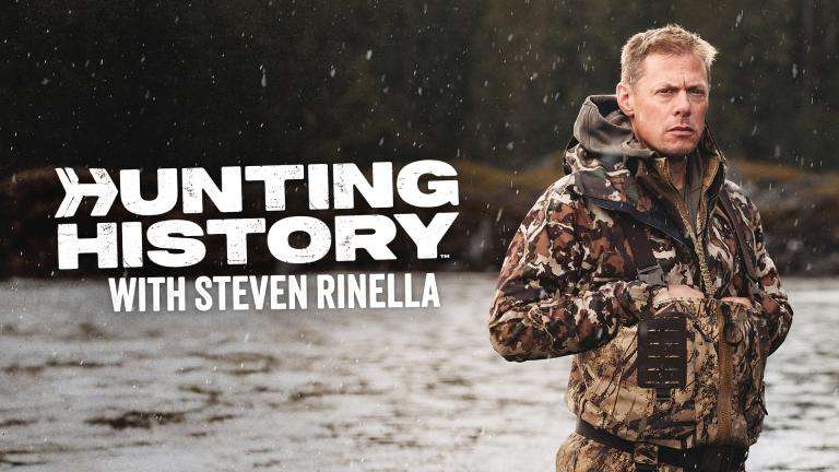 Steven Rinella stands in a snowy outdoor setting, wearing camouflage hunting gear. The image reads “Hunting History with Steven Rinella.”